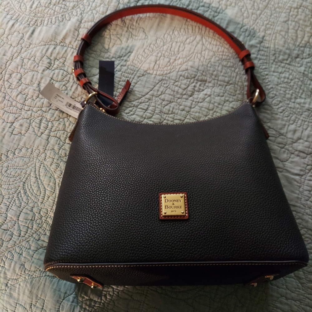 Dooney & Bourke Black Leather Shoulder Bag with Brown Strap and Gold Hardware